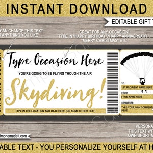 Fallschirmsprung Ticket Zertifikat Geschenkgutschein Vorlage - Druckbare Geschenkidee für jeden Anlass - Sky Dive - INSTANT DOWNLOAD mit EDITIERBARE Text