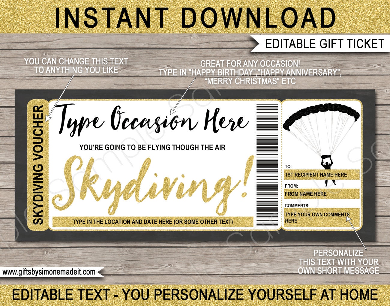 Skydiving Ticket Certificate Gift Voucher Template Printable Etsy UK