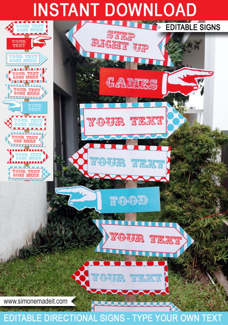 Red & Aqua Circus Direction Arrow Sign Templates - Printable Birthday Party Decorations - Carnival Theme - INSTANT DOWNLOAD - EDITABLE Text