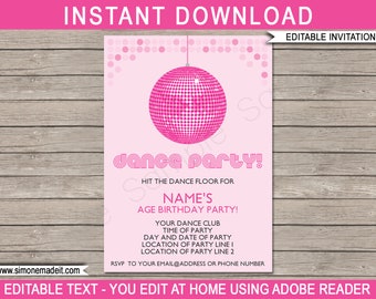 Dance Party Invitation Template - Printable Disco Theme Birthday Party Invite - INSTANT DOWNLOAD with EDITABLE text - you personalize