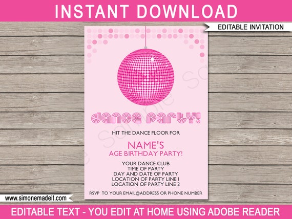 Dance Party Invitation Template - Printable Disco Theme Birthday Party ...