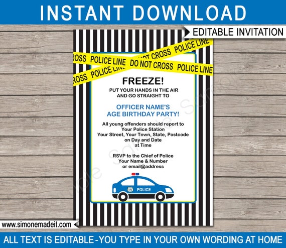 Police Party Invitation Template - Printable Birthday Party Invite ...