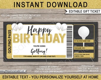 Golf Gift Certificate Template Voucher Ticket Pass - Birthday Golfing Trip - Play a Round of Golf - INSTANT DOWNLOAD with EDITABLE text