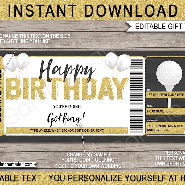 Golf Gift Certificate Template Voucher Ticket Pass - Birthday Golfing Trip - Play a Round of Golf Card Coupon - EDITABLE TEXT DOWNLOAD