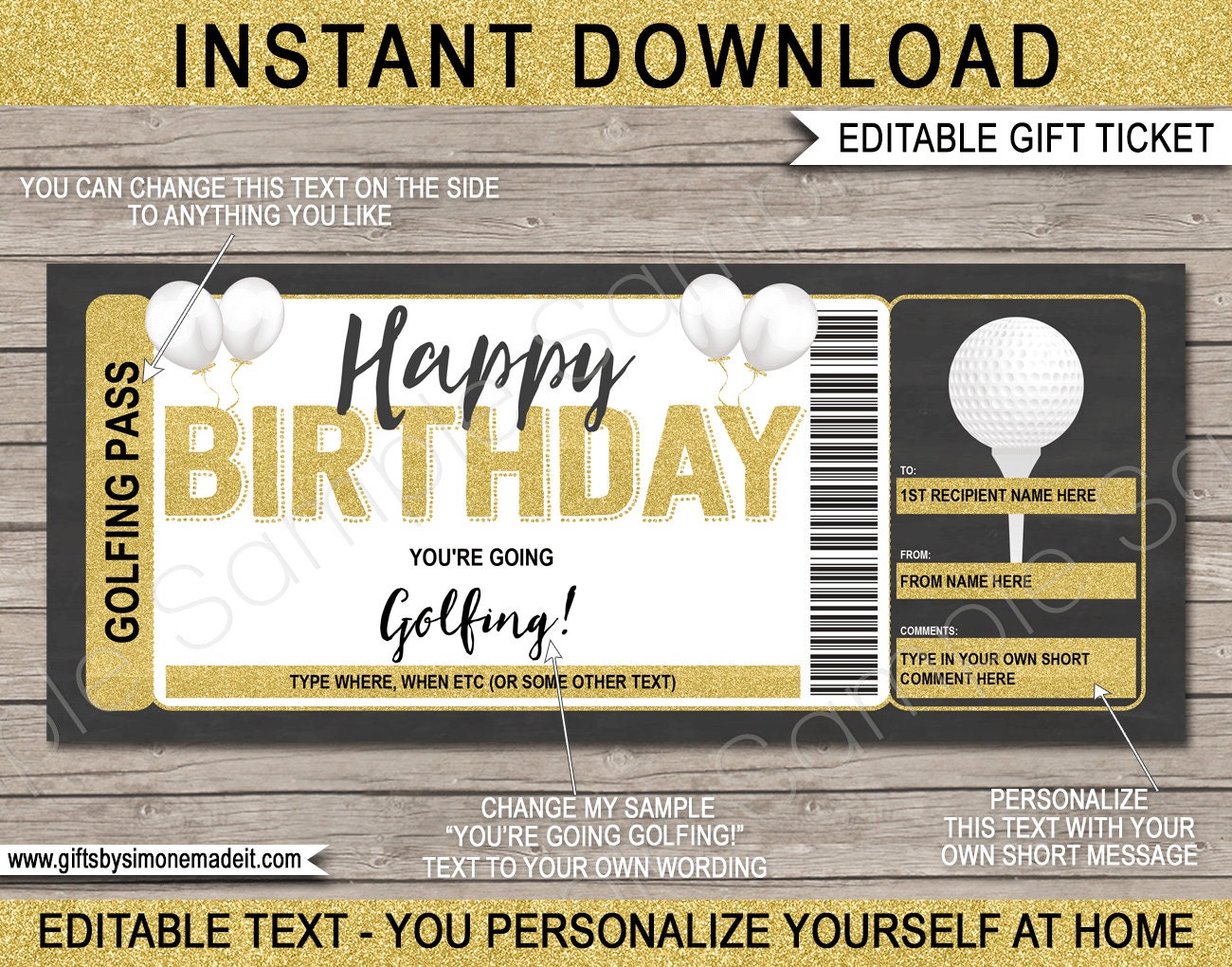 Golf Gift Certificate Template Voucher Ticket Pass - Birthday Golfing Trip  - Play a Round of Golf - INSTANT DOWNLOAD with EDITABLE text With Golf Gift Certificate Template