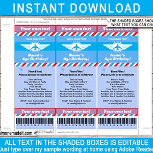 May include: Printable airplane-themed birthday party invitation with red, white, and blue stripes. The invitation has a blue background with a white airplane and the text "Name's Age Birthday!" in a white box. The invitation is 3 x 7.5 inches.