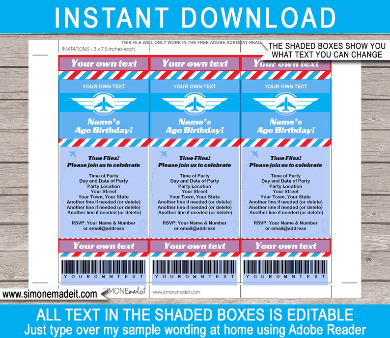 May include: Printable airplane-themed birthday party invitation with red, white, and blue stripes. The invitation has a blue background with a white airplane and the text "Name's Age Birthday!" in a white box. The invitation is 3 x 7.5 inches.