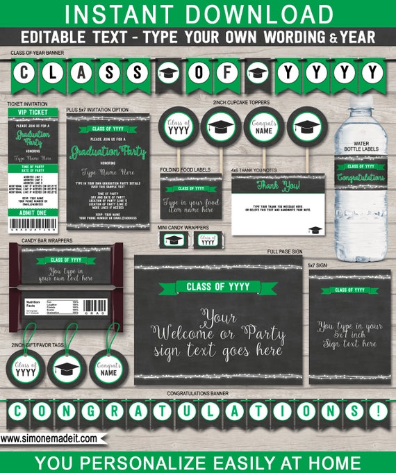 Green Graduation Party Invitations & Decorations Template Bundle - Any Year - INSTANT DOWNLOAD - EDITABLE text Il_570xn