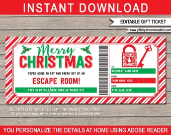 Escape Room Ticket Template - Printable Christmas Game Gift Certificate Voucher Coupon - INSTANT DOWNLOAD with EDITABLE text