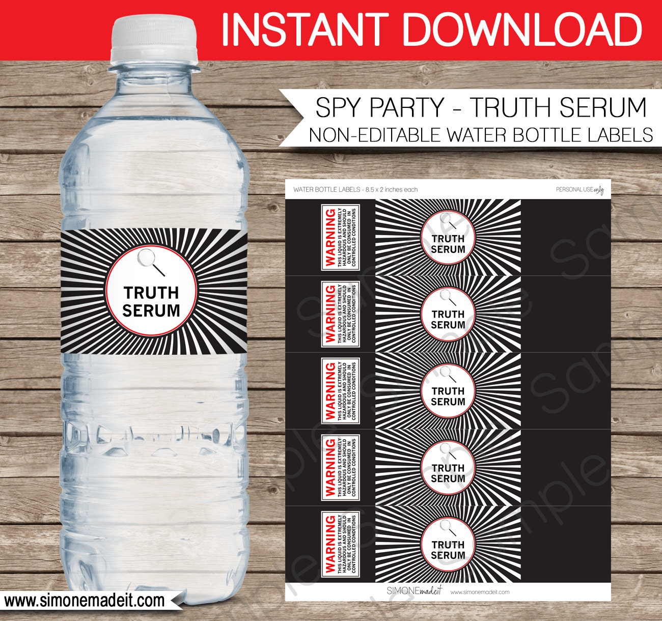 Truth Serum Water Bottle Labels or Wrappers Spy Birthday