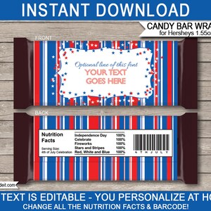 May include: Printable candy bar wrappers featuring a red, white, and blue striped design with stars. The wrappers are designed for Hershey's 1.55 oz bars and include the text "Optional line of this font YOUR TEXT GOES HERE". The back of the wrapper includes a nutrition facts label with a barcode.