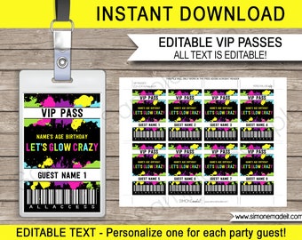 Puede incluir: Plantillas de pases VIP editables para una fiesta de cumpleaños que brilla en la oscuridad. Los pases presentan un fondo negro con salpicaduras de pintura de colores y el texto "Let's Glow Crazy".