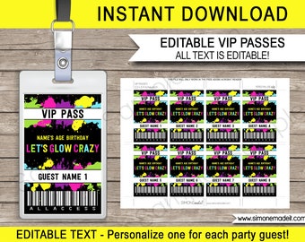 Let's Glow Crazy VIP Passes - Printable Neon Glow Passes - Neon Glow Theme - INSTANT DOWNLOAD with Editable text - you personalize at home