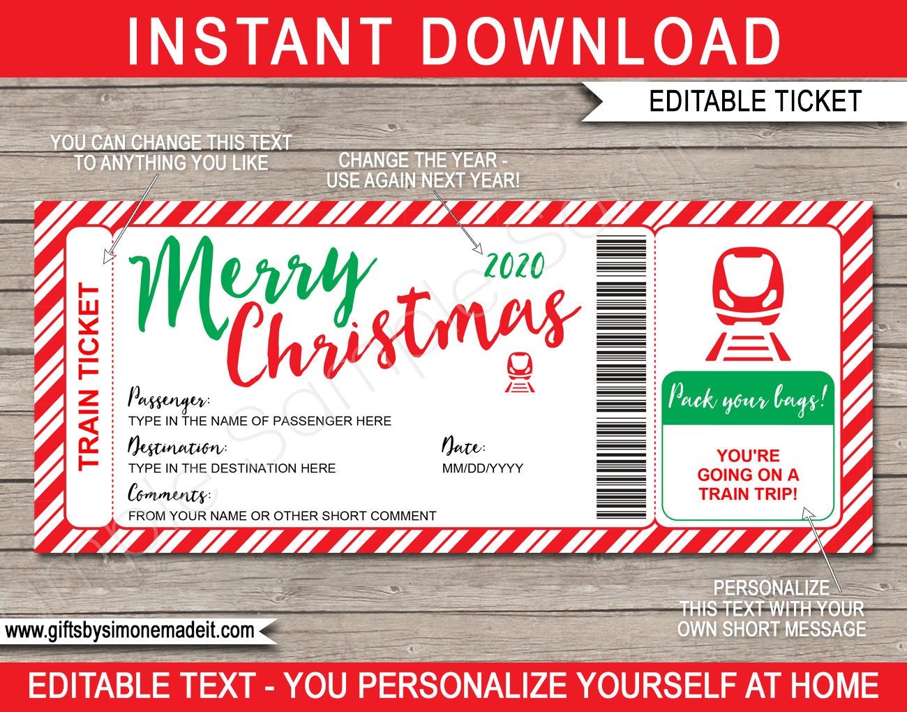 Christmas Train Ticket Printable Template Boarding Pass Gift - Surprise  Train Trip - Rail Railway - Voucher - INSTANT DOWNLOAD text EDITABLE Throughout Blank Train Ticket Template