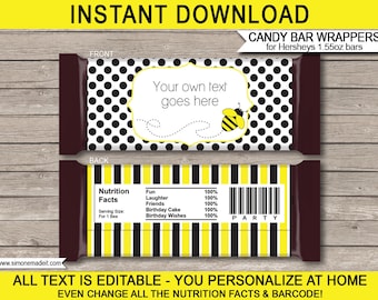 Bee Candy Bar Wrappers Template - Printable Birthday Party Favors - Chocolate Labels - INSTANT DOWNLOAD with EDITABLE text - you personalize