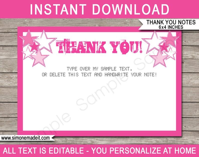 Rock Star Thank You Cards Printable Thank You Notes Pink | Etsy