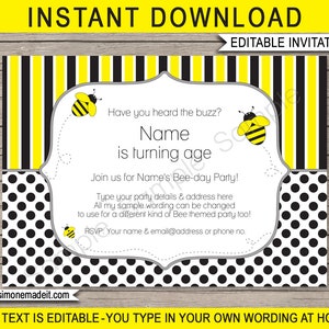 Bee Party Printable Decorations & Invitation Template Bundle Birthday or Baby Shower Theme INSTANT DOWNLOAD EDITABLE Text image 4