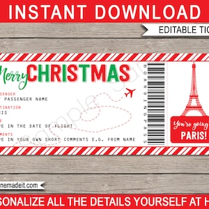 Modelo de cartão de embarque em Paris - Bilhete de avião para impressão Presente de Natal - Viagem surpresa Férias - DOWNLOAD INSTANTÂNEO - Texto EDITÁVEL