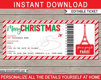 May include: Printable Christmas gift tag with a red and white striped background. The tag features a red airplane, a dotted line, and the text "Merry Christmas". The tag also includes a boarding pass with a barcode and the text "You're going to Paris!" with an illustration of the Eiffel Tower.