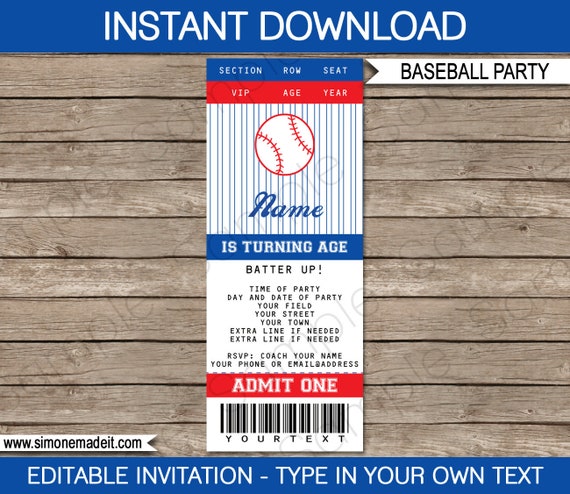 baseball ticket invitation template birthday party instant download