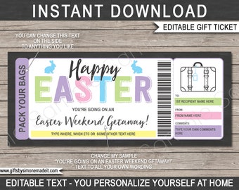 Easter Weekend Getaway Voucher Template Gift Certificate Ticket Card - Printable Trip Away, Pack Your Bags, Hotel Stay - INSTANT DOWNLOAD