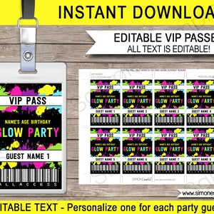Glow Party VIP Passes - Printable Neon Glow Passes - Neon Glow Theme Birthday Party - INSTANT DOWNLOAD with Editable text - you personalize