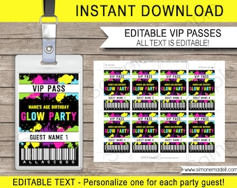 Puede incluir: Pases VIP editables para una fiesta de neón. Los pases son negros con salpicaduras de pintura de neón verde, rosa, amarilla y azul. El texto en los pases dice "VIP Pass", "Name's Age Birthday Glow Party" y "Guest Name 1".