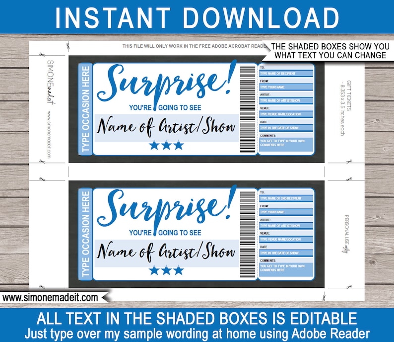 concert ticket surprise gift printable voucher christmas
