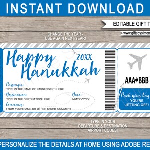 Modèle imprimable de billet d'avion cadeau Hanoucca - voyage surprise révèlent un vol vacances vacances - texte à téléchargement immédiat MODIFIABLE
