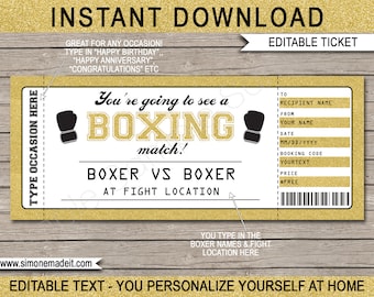 Boxing Ticket Gift Surprise Boxing Match Ticket - Printable Voucher Certificate template - Any Occasion - INSTANT DOWNLOAD - EDITABLE text