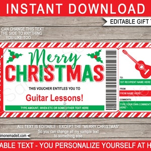 Gitaarlessen Cadeaubon Sjabloon Certificaatticket - Afdrukbare kerstcadeauervaring - Leren spelen - BEWERKBARE tekst DOWNLOAD