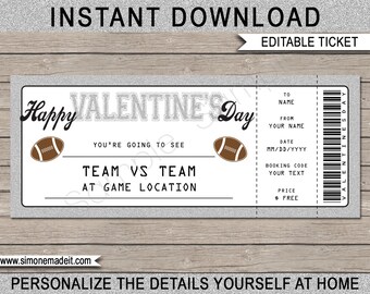 Valentine's Day Football Ticket Gift Voucher - Printable Football Game Ticket - Surprise Gift Certificate - INSTANT DOWNLOAD - EDITABLE text