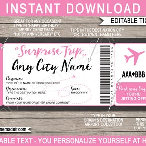 Verrassingsreis afdrukbare instapkaart ticket sjabloon - bestemming voor elke gelegenheid - nep vliegtuig vliegticket - INSTANT DOWNLOAD tekst BEWERKBAAR