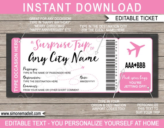 Surprise Trip Printable Boarding Pass Ticket Template - Any Occasion Destination - Fake Plane Flight Ticket - INSTANT DOWNLOAD text EDITABLE Il_570xn