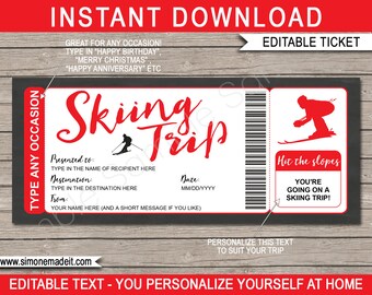Surprise Ski Trip Ticket Printable Gift Voucher Pass Certificate - Skiing holiday vacation - Any Occasion - INSTANT DOWNLOAD - EDITABLE text