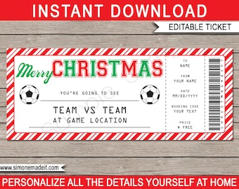 Soccer Game Ticket Christmas Gift - Surprise Soccer Game Ticket - Printable template - Voucher Certificate - INSTANT DOWNLOAD - EDITABLE
