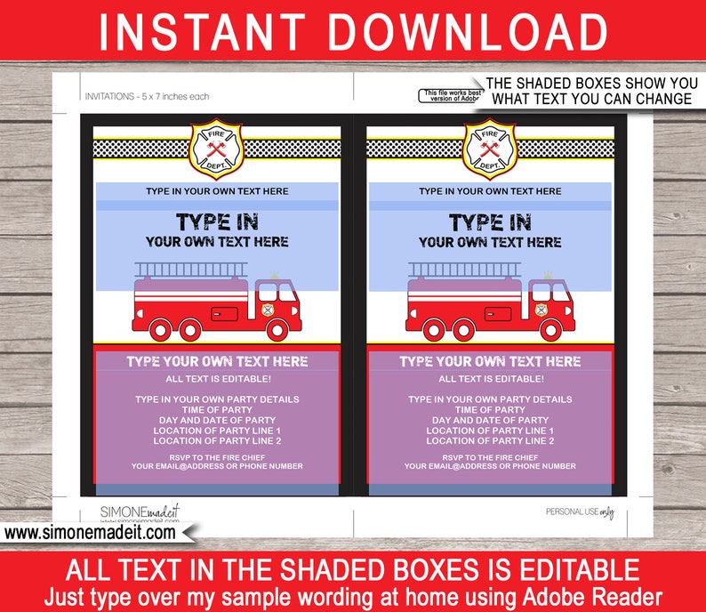 Fireman Party Decorations Invitation Printable Template Bundle Firetruck Package Pack Set Kit Collection INSTANT DOWNLOAD text EDITABLE image 4