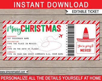 Mexico Boarding Pass Template - Printable Christmas Gift Plane Ticket - Surprise Trip Holiday Vacation - INSTANT DOWNLOAD - EDITABLE text