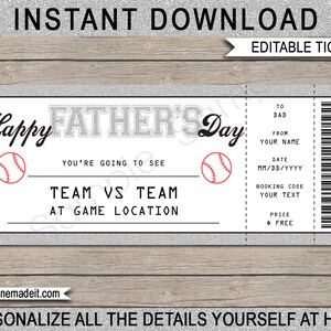 Vatertag Baseball Ticket Geschenkgutschein - Druckbare Überraschung Baseball Spiel Ticket Coupon Karte Zertifikat für Papa - EDITIERBARER TEXT DOWNLOAD