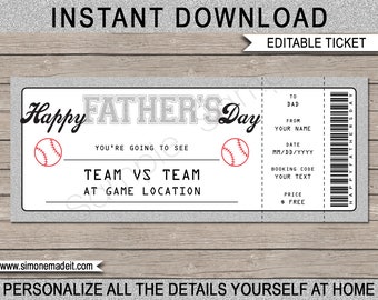 Father's Day Baseball Ticket Gift Voucher - Printable Surprise Baseball Game Ticket Coupon Card Certificate for Dad - EDITABLE TEXT DOWNLOAD
