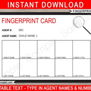 Spy Secret Agent Party Fingerprint Cards Printable Template - INSTANT DOWNLOAD with EDITABLE text - you personalize at home