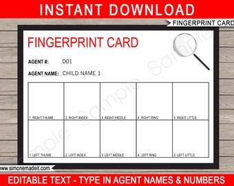 Spy Secret Agent Party Fingerprint Cards Printable Template - INSTANT DOWNLOAD with EDITABLE text - you personalize at home