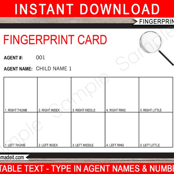 Spion Geheimagent Party Fingerabdruck Karten druckbare Vorlage - SOFORTIGER DOWNLOAD mit EDITIERBARE Text - Sie personalisieren zu Hause