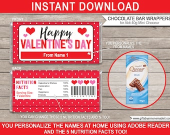 Valentine's Day Chocolate Wrapper Template: Editable Names, Nutrition (Digital Download)