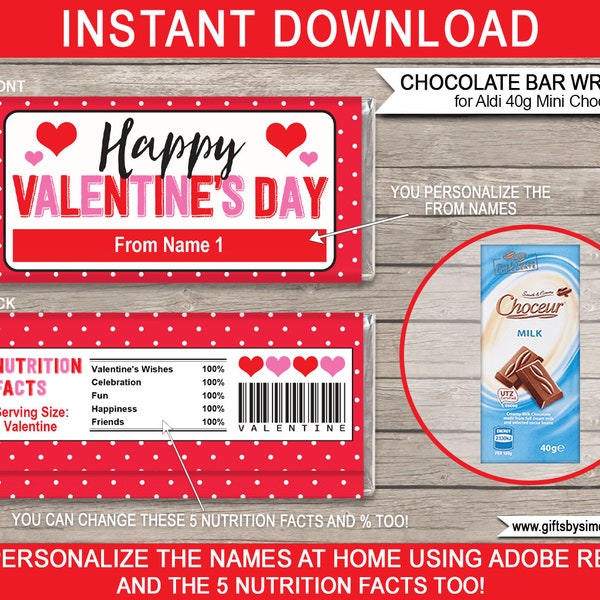 Valentines Day Chocolate Wrapper Template - Printable Candy Bar Label - Gift Treats - INSTANT DOWNLOAD - EDITABLE Names, Nutrition Facts