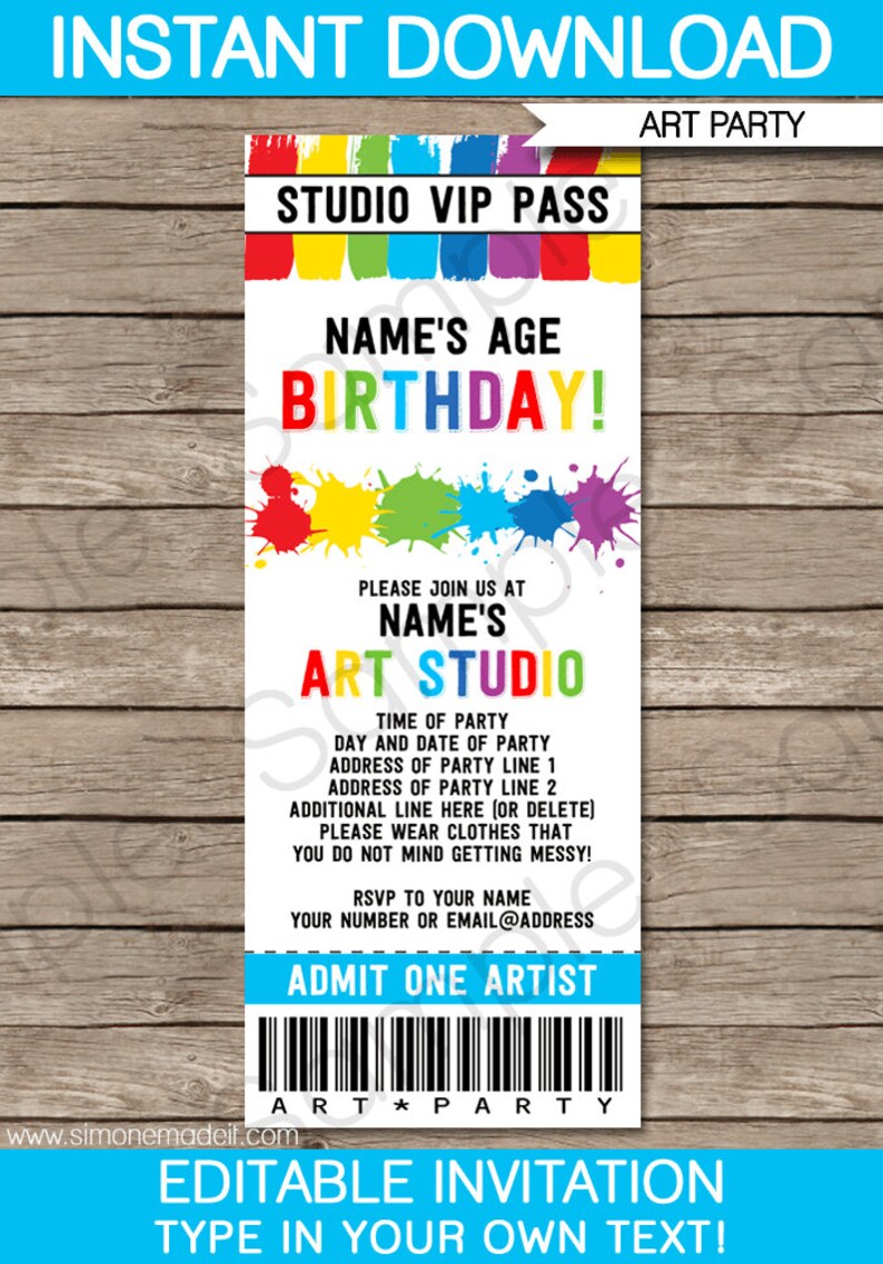 May include: A colorful art party invitation with the text "Studio VIP Pass" and "Birthday!". The invitation includes space for the name, age, and party details. It features paint splatters and the words "Admit One Artist".
