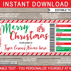 クリスマス サーカス ギフト チケット バウチャー 証明書 印刷可能なテンプレート - 子供向けの直前ギフト - カーニバル - 即時ダウンロード、編集可能なテキスト