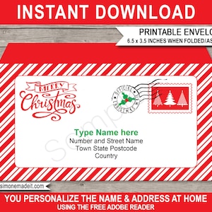 Kerstenvelop afdrukbare sjabloon - met de hand afgeleverde kerstpost - INSTANT DOWNLOAD met BEWERKBARE naam en adres