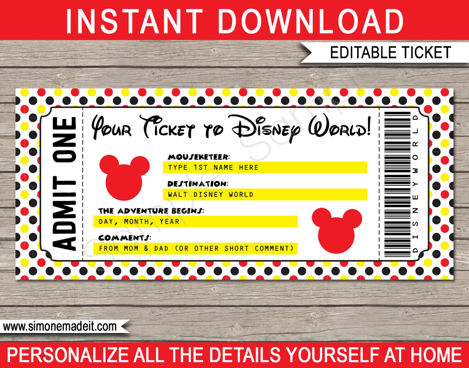 Printable Ticket To Disney World Surprise Trip Birthday Etsy