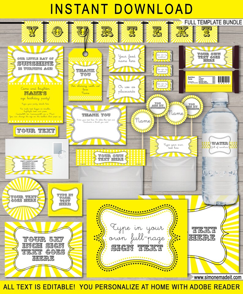 Op de afbeelding: Een printbare set gele en zwarte feestdecoraties met een zonnestralenontwerp. De set bevat een banner, bedankkaartjes, voedseletiketten, waterfleslabels en een groot bord. De tekst op de decoraties is bewerkbaar, zodat je ze kunt personaliseren voor elke gelegenheid.
